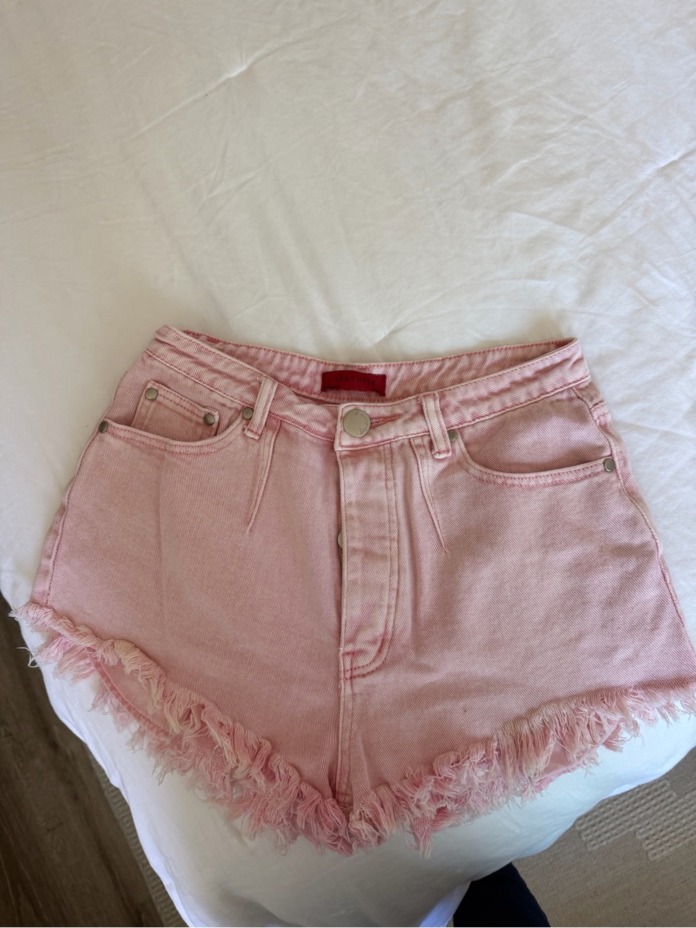 Pink Raw Hem Medium-Rise Denim Shorts
